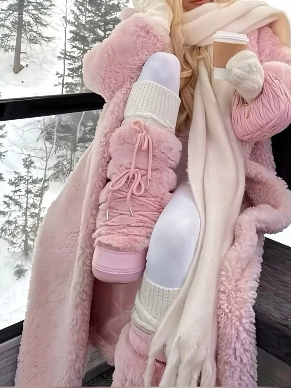 Pink Cute Women's Lace-Up Round Toe Faux Fur Platform Snow Boots